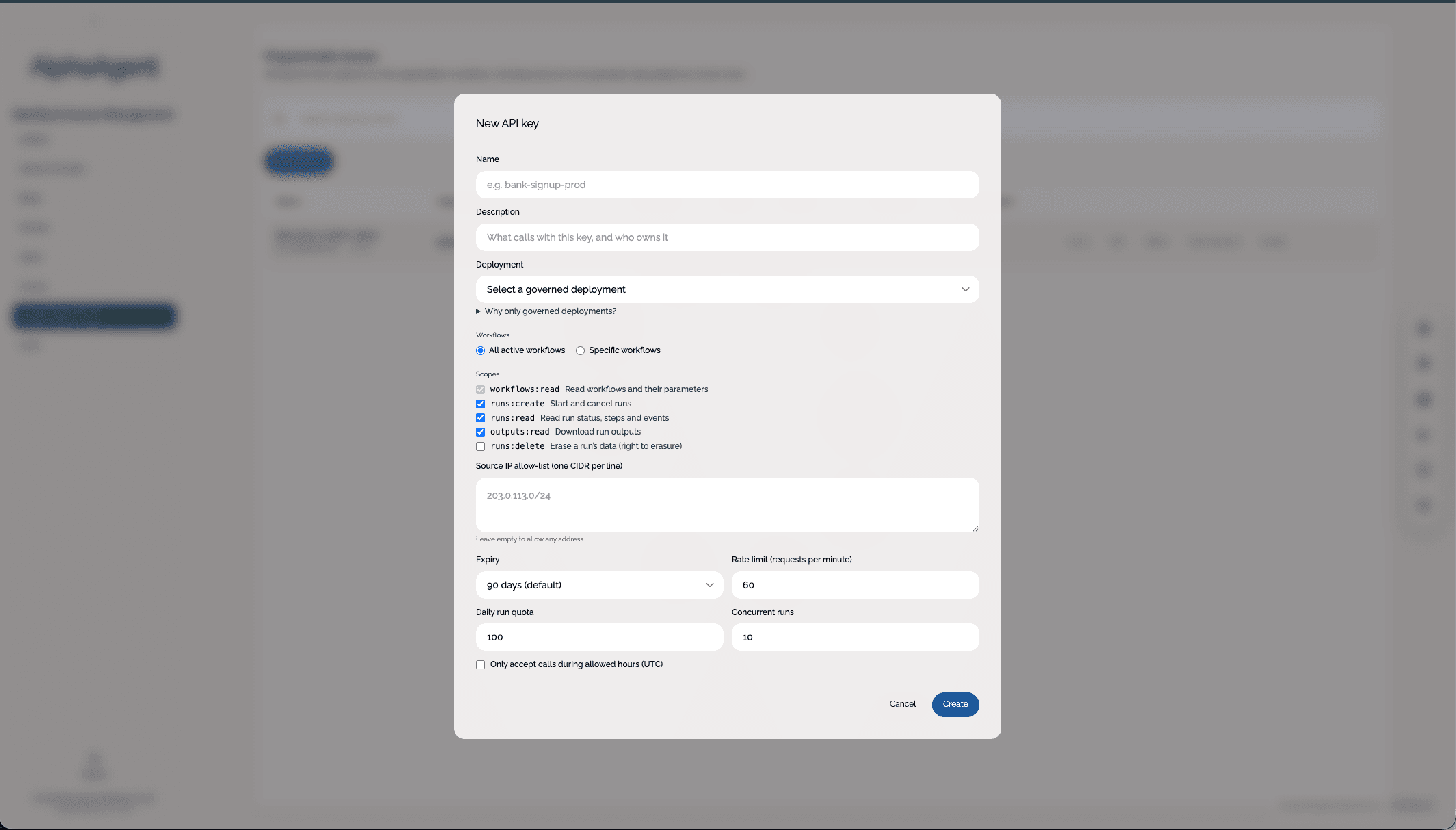 Organisations form for creating a deployment-specific programmatic access key with access controls.