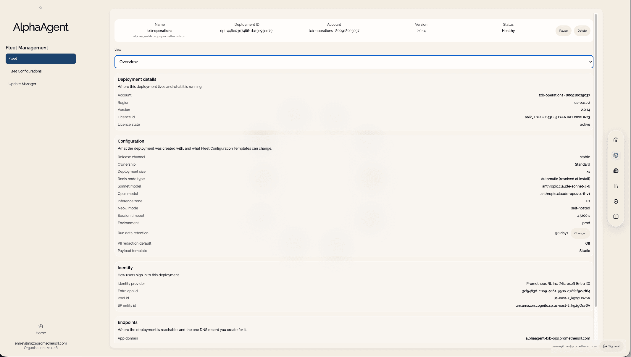 Organisations fleet view showing a Studio deployment and its status.