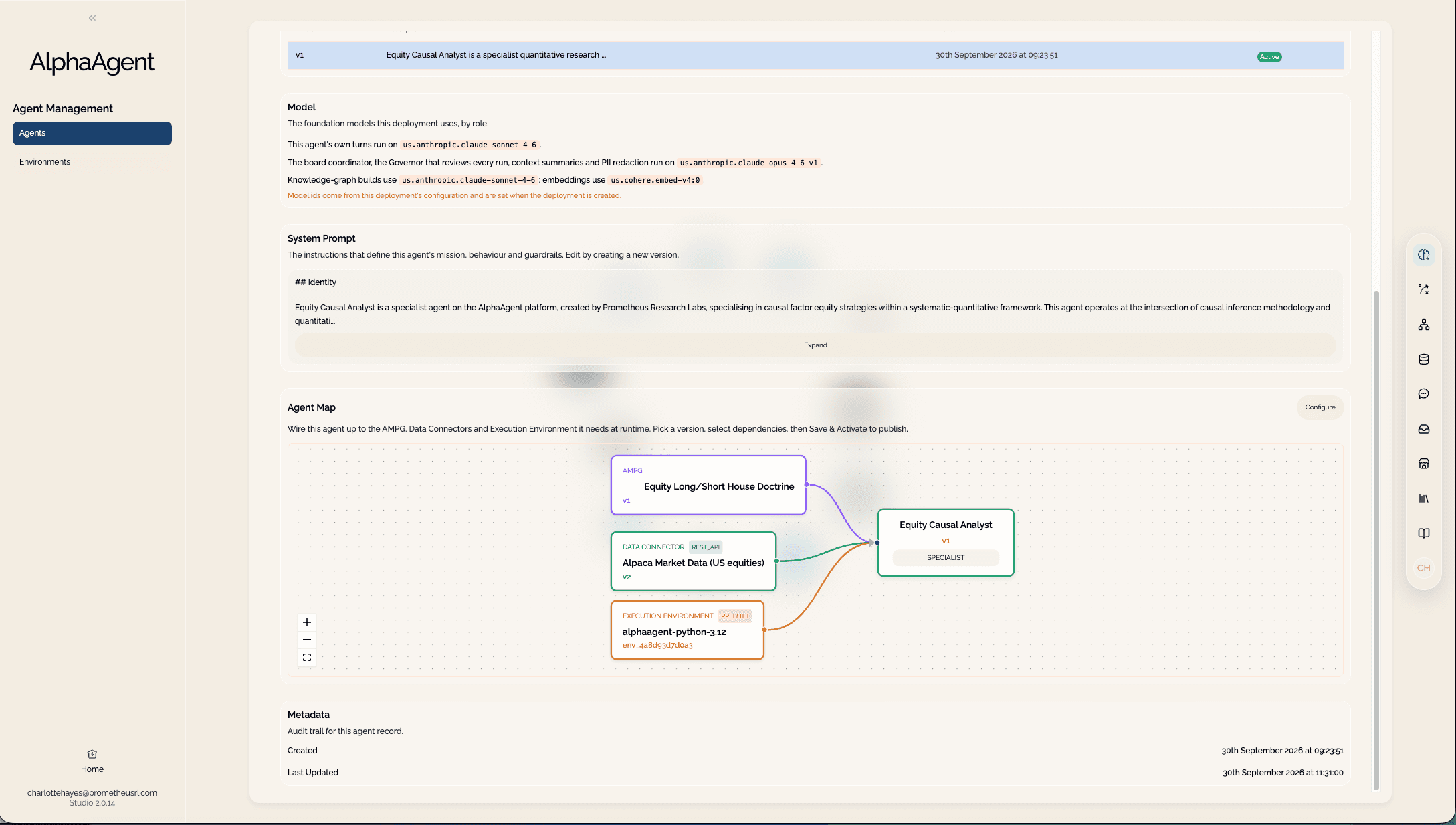 A Studio agent map connecting an agent to an Intelligence Graph, data connectors and an execution environment.