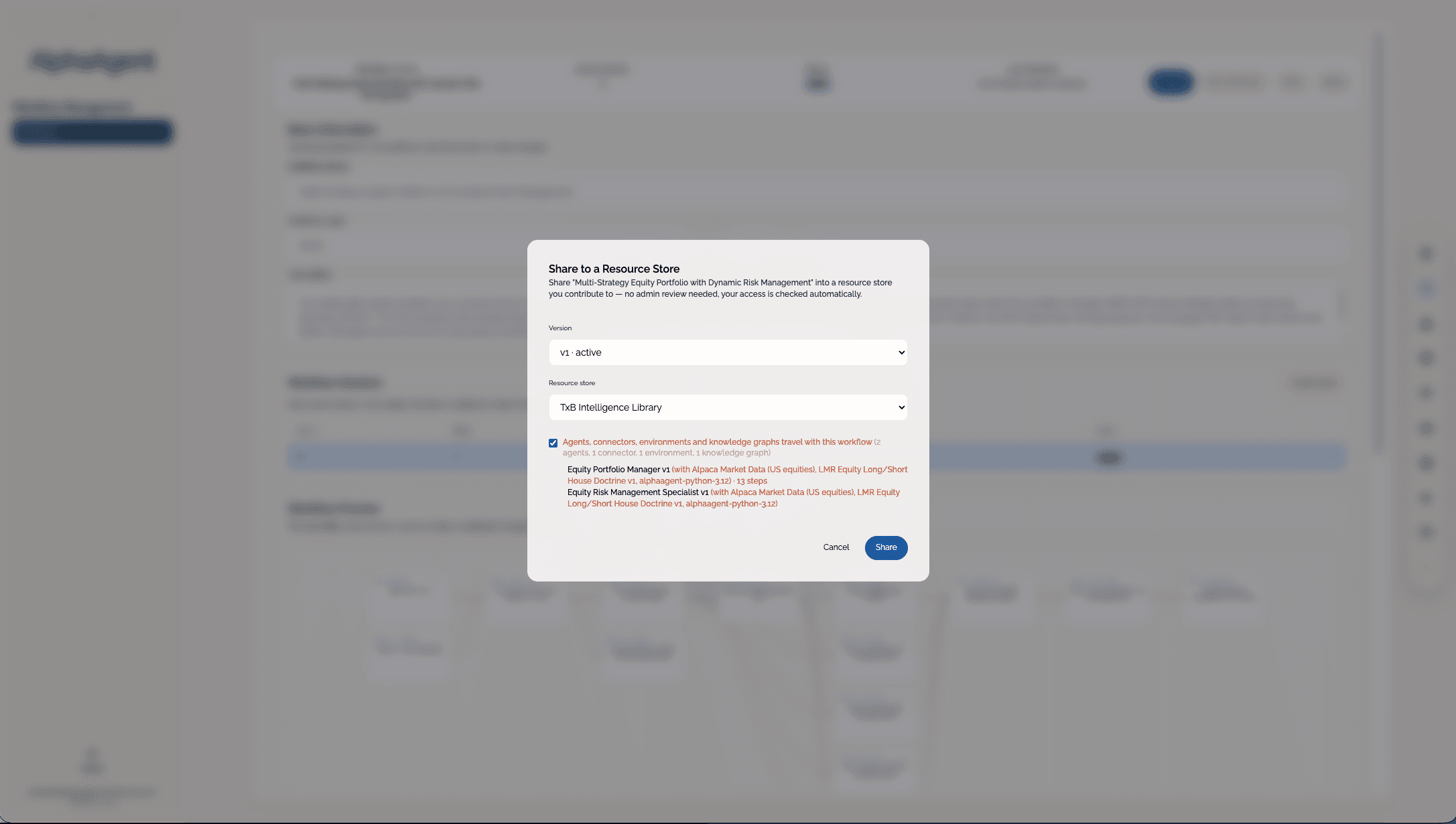 Sharing a selected asset version to a Resource Store in Studio.