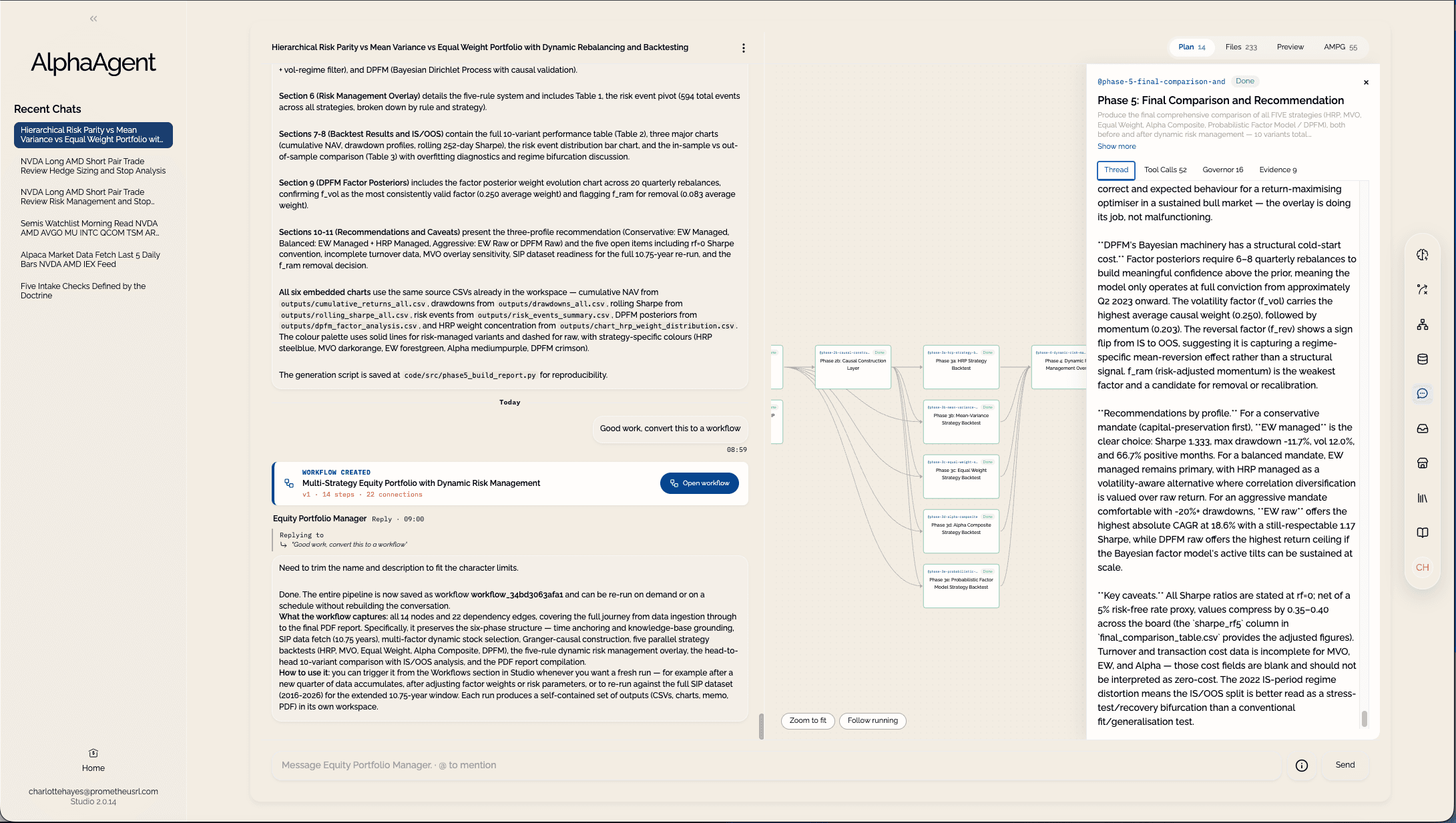 A Studio conversation with the workflow board and a step reasoning thread open.