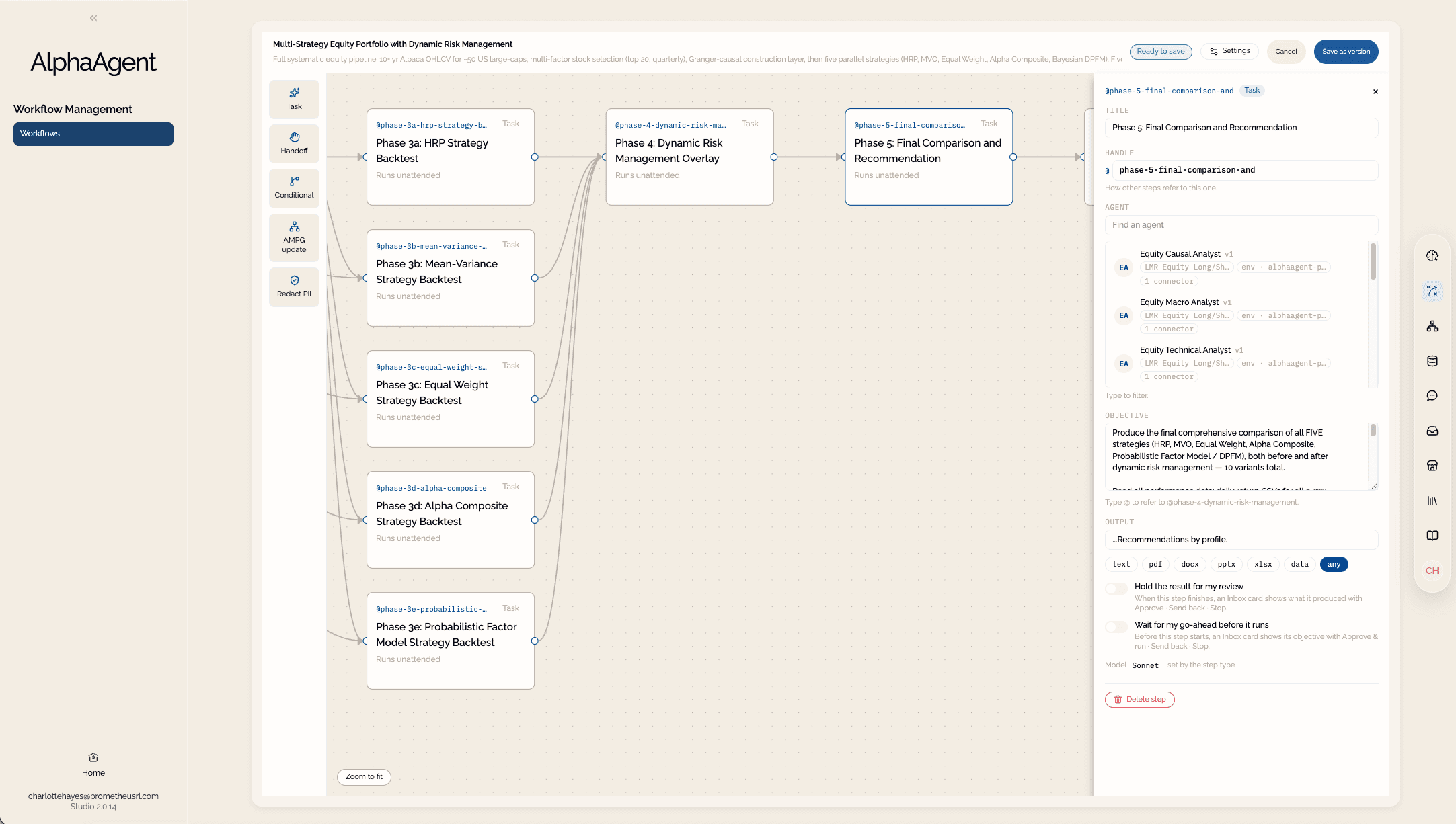 The Studio workflow builder showing a repeatable multi-step process.
